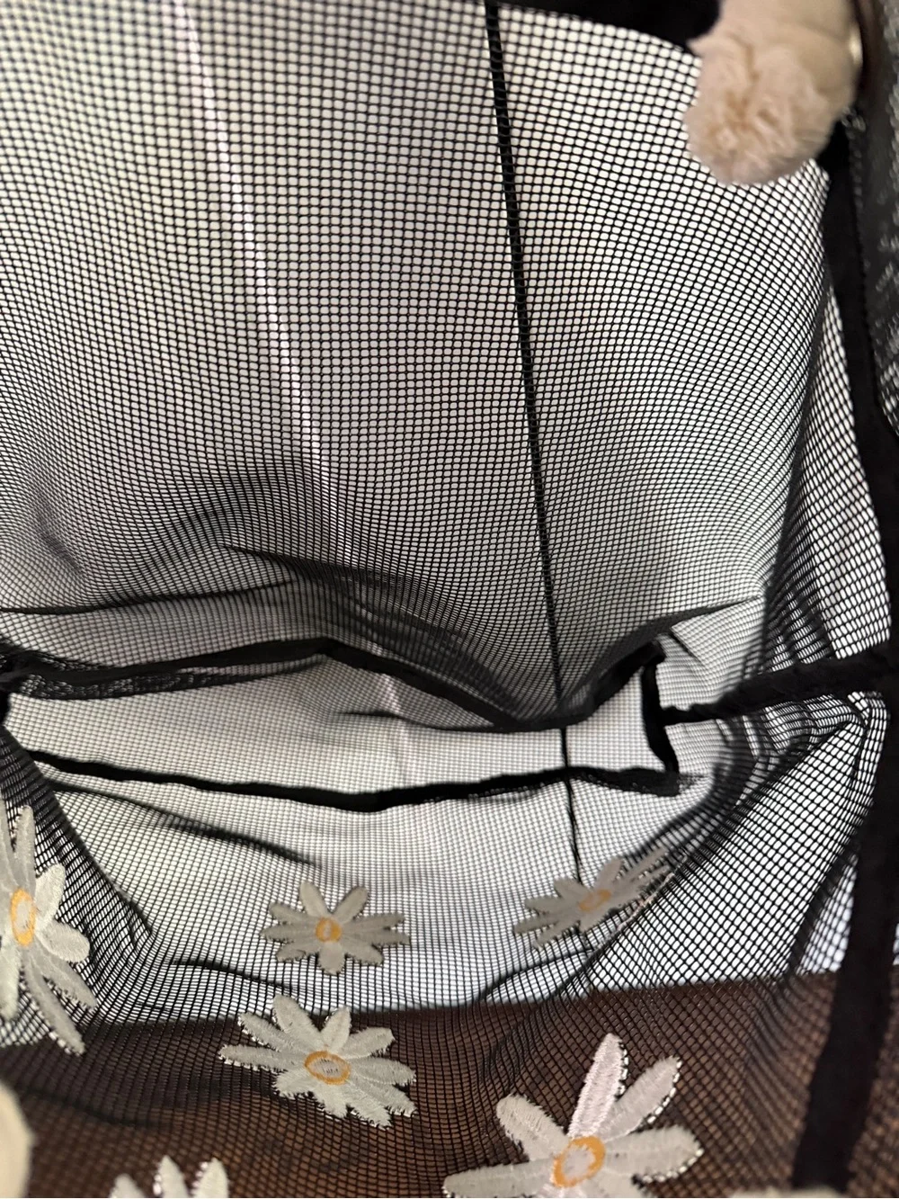 Art Class black Mesh Tote Bag see through white yellow Daisy rope handles